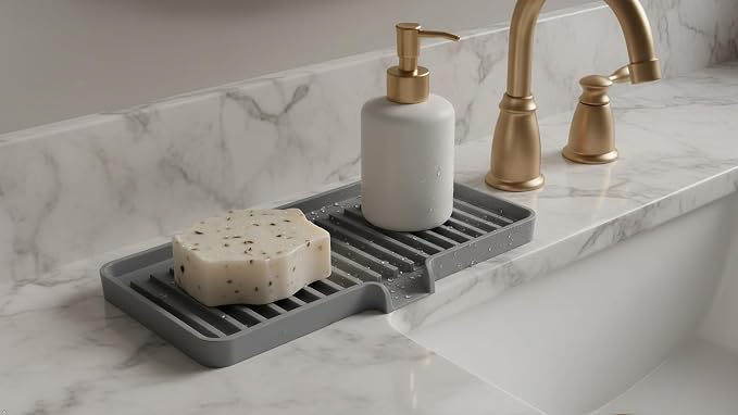 Silicone Soap Dish Tray and Sponge Holder with Drain Chute, Rectangular, Kitchen and Bathroom Sink Organizer (Vanilla Cream, 9"x3.5")