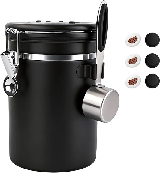 ShanSon Coffee Canister Airtight, Stainless Steel Bean Storage Container with Date Tracker & Scoop, Grounds Sugar Flour Tea Cereal Fits Kitchen Pantry, Ideal Gift for Coffee Lovers,22oz, Black