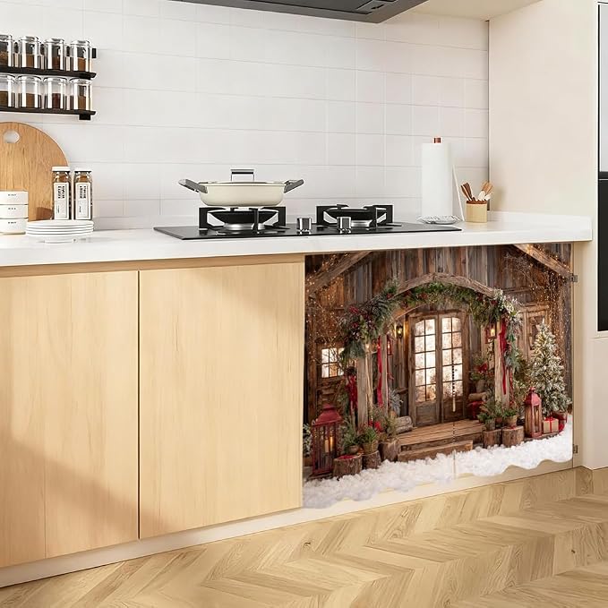 Self Adhesive Cabinet Curtain for Mother's Day, 39x28 Inch Rustic Wood Cabin Under Sink Skirt No Drill, Spring Cleaning Kitchen Decor, Hook and Loop Laundry Shelf Valance, Fabric Panel