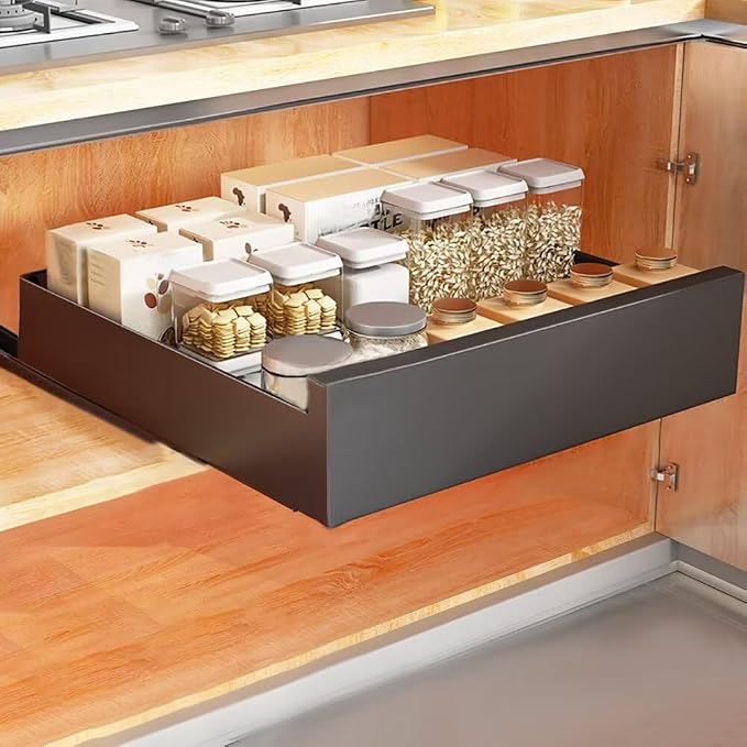 Pull Out Cabinet Adhesive Pull Out Teles Kitchen Drawer 25kg Load Capacity Slide Out Drawer for Kitchen Cupboard Storage,40CM-Black