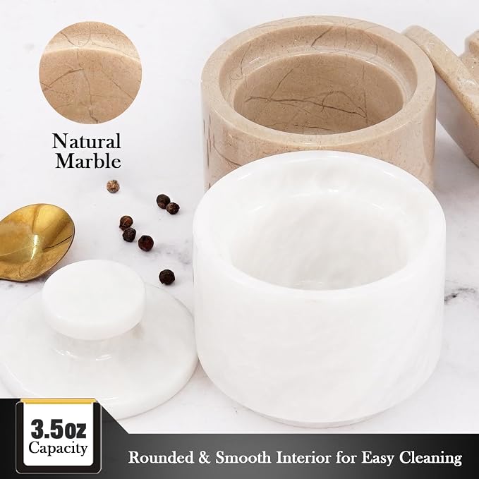 MARBLOUS KRAFTS Marble Salt Cellar with Lid 3" Inch White and Verona Sea Salt, Spices, and Seasonings Storage, Perfect for Kitchen Countertop, Dining Table, and Gift Giving,