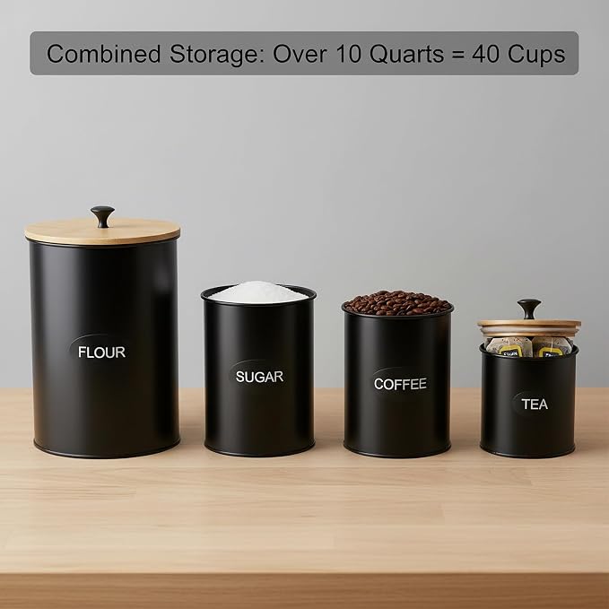 Canisters Sets for the Kitchen Set of 4 Kitchen Canisters for Countertop Airtight Black Flour and Sugar Containers with Bamboo Lids Labels and Marker for Pantry and Coffee Bar Decor