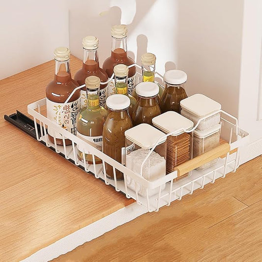 Takywep Pull Out Cabinet Organizer No Drill Adhesive Sliding Mesh Basket with Smooth Glide Under Sink Drawer for Kitchen Pantry Bathroom Storage