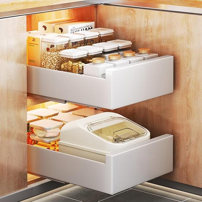 Drill Free Pull Out Cabinet Heavy Duty Sliding Drawer Shelf 25cm W x 43cm D x 9cm H Extendable Storage Solution with Adhesive Film White，White 40cm