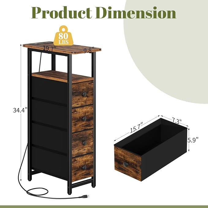 Yoobure LED Narrow Nightstand with Charging Station - Slim Dresser for Bedroom Narrow Side Table Storage Cabinet, Small Dressers Chest of Drawers, Tall Skinny Night Stand End Table for Small Spaces