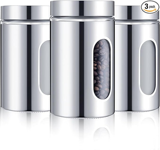 Mimorou 3 Pcs Stainless Steel Canister Set with Glass Windows Visible Storage Jars Silver Kitchen Canister Set for Pasta Flour Oat Sugar Container, Kitchen Tools, Housewarming Gifts(32 oz)
