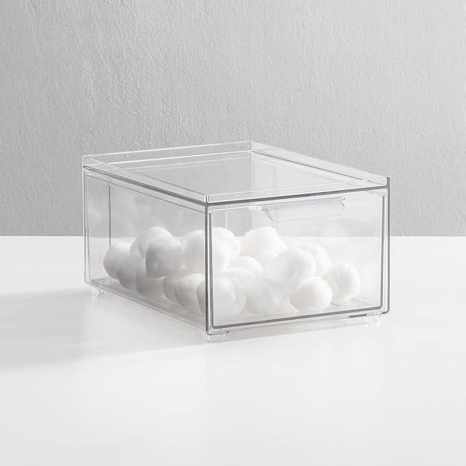mDesign Plastic Bathroom Organizer Bin w/Pull Out Drawer - Slim Stackable Storage Container for Bathroom Accessories - Perfect for Organizing Bathroom Cabinet - Lumiere Collection - 4 Pack - Clear