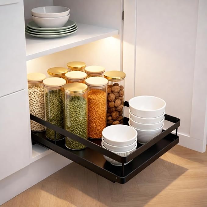 Pull Out Cabinet Organizer, Pull Out Drawers for Cabinets, No Drill Adhesive Slide Out Drawer, Kitchen Cabinet Organizer, Under Sink Organizer, Cabinet Pull Out Shelf, Heavy Duty Metal Basket