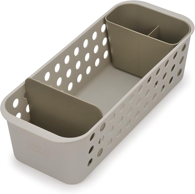 Joseph Joseph EasyStore - Slimline Bathroom essentials Storage Basket Organiser with moveable pot and divider, Ecru (Pack of 2)
