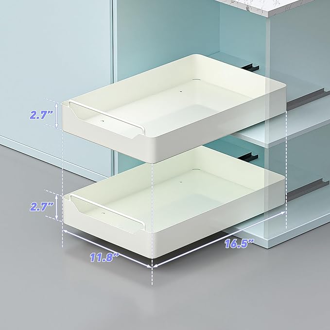 KMC Cabinet Pull-Out Organizer – No Screw, Double Layers Drawers, Peel & Stick Sliding Pantry Shelf – Kitchen Pullout with Home Adhesive