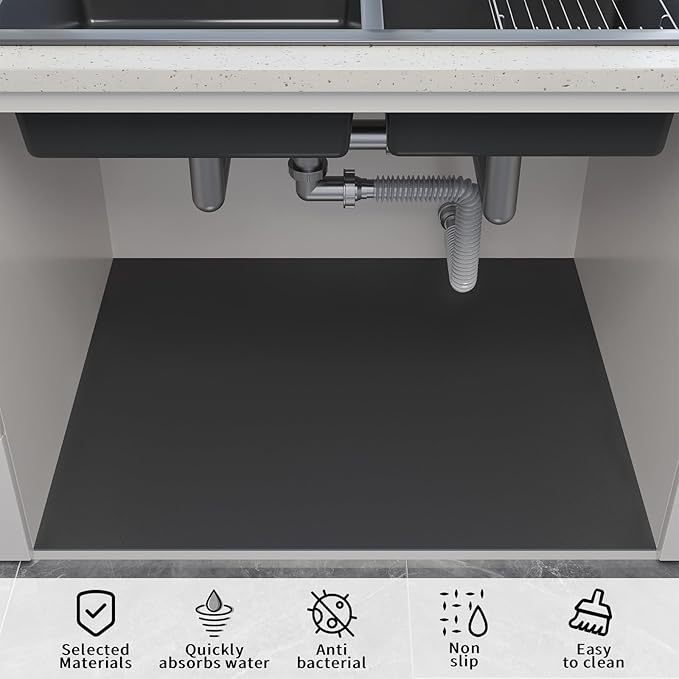 Under Sink Mats-39" x 31" (Cut-to-Fit) Absorbent Shelf Liner for Kitchen&Bathroom Cabinets | Non-Slip, Quick-Dry Cabinet Liner for Under Sink, Vanity & Utility Storage (Grey,39''x31'')