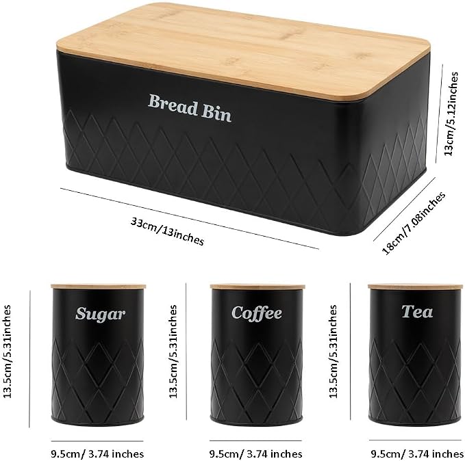 Black Bread Box for Kitchen Countertop, Coffee Tea Sugar Container with Bamboo Lid(1 Bread Bin & 3 Canisters)