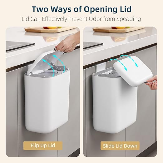 MUEE Compost Bin Kitchen for Counter Top or Under Sink, Hanging Small Trash Can with Lid [1.8 Gal/6.8L], Food Waste Bin, Mountable Garbage Can for Cupboard/Bathroom/Bedroom/Office/RV, Matte White