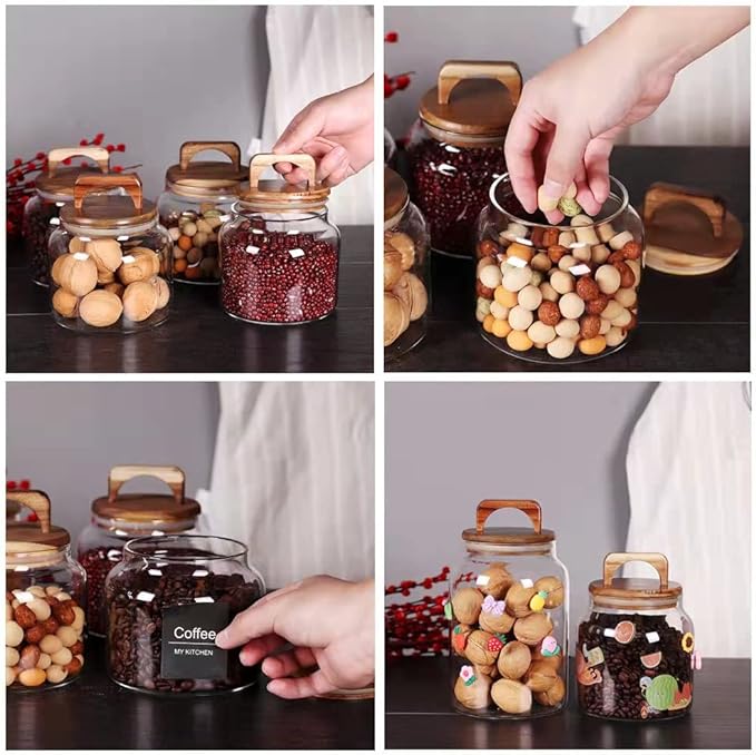SAIOOL Glass Jars with Airtight Lid [Set of 4],Kitchen Canisters, Borosilicate Storage Containers,Retro Design, jars for Candy,Cookie,Rice,Sugar,Flour, Flour,Pasta,Nuts and Spice Jars