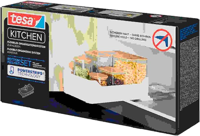 tesa Pull Out Extendable Kitchen Drawer - Self-adhesive Floor Slide for Kitchen Cabinets - Drill Free Drawer Runners - Telescopic Organiser for Kitchen Utensils