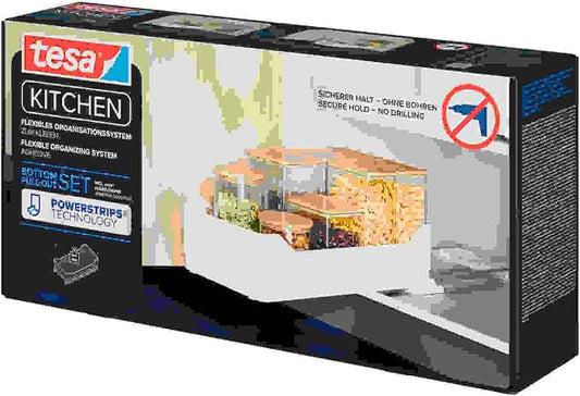 tesa Pull Out Extendable Kitchen Drawer - Self-adhesive Floor Slide for Kitchen Cabinets - Drill Free Drawer Runners - Telescopic Organiser for Kitchen Utensils