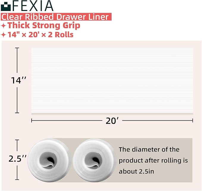 FEXIA Shelf Liners for Kitchen Cabinets Non-Slip Drawer Liner 14 Inches x 20 FT x 2 Rolls Waterproof & Oil-Proof Non Adhesive Durable Material Shelf Paper Fridge Liner for Shelves (2 Rolls)