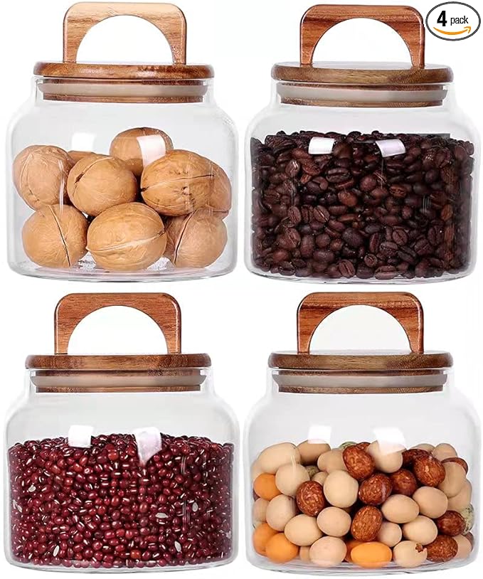 SAIOOL Glass Jars with Airtight Lid [Set of 4],Kitchen Canisters, Borosilicate Storage Containers,Retro Design, jars for Candy,Cookie,Rice,Sugar,Flour, Flour,Pasta,Nuts and Spice Jars