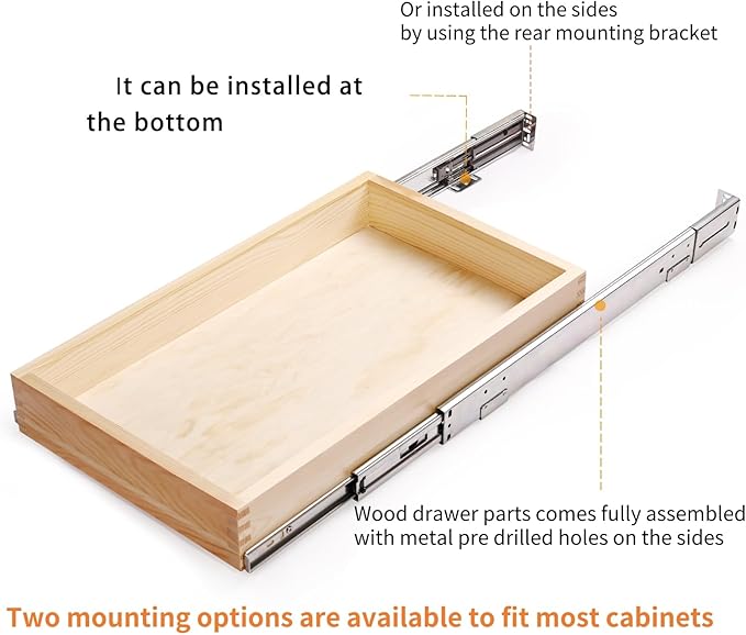 Mulush 26''W x 21''D x 3''H Pull Out Cabinet Drawer Soft Close Slide Out Wood Organizer for Kitchen, Finished, Bottom and Side Assembly (Wood Drawer Part Width is 25inch)