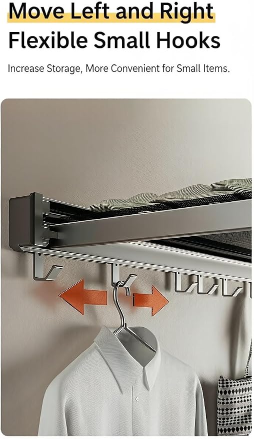 Foldable Pull-Out Cabinet Drawer Organizer, Under Sink Slide-Out Storage Shelf with Hooks, No Drill Installation for Kitchen, Bathroom, Pantry and Home Organization (with Towel Bar)