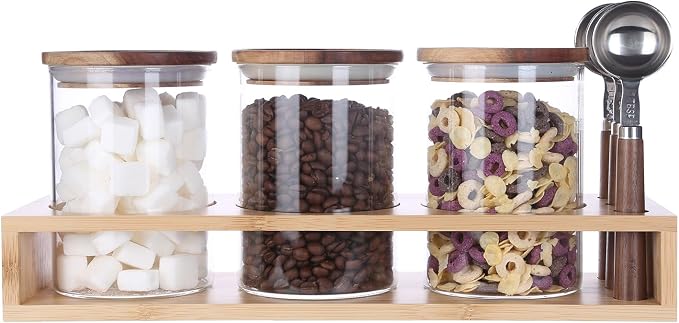 KKC Airtight Loose Leaf Tea Canister Set with 3 Wooden Handle 1 TBSP Spoons - 3 Pack 25 oz Glass Tea Storage Jars with Bamboo Lid and Rack, Elegant Countertop Tea Station Organizer for Matcha & Chai
