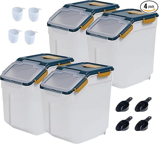 Large Flour Storage Container Bin 25lb, 4Pack Airtight Rice Storage Containers with Wheels Seal Locking Lid, BPA Free with Measuring Cup&Scoop for Flour, Rice, Grain(Blue)