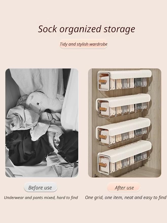 2 PCS No-Drill Wall Mount Underwear Organizer - Clear Drawer with Removable Dividers for Closet, 6-Slot Hanging Storage for Socks, Bras, Panties, Smooth Gliding & Space Saving (White&Transparent)