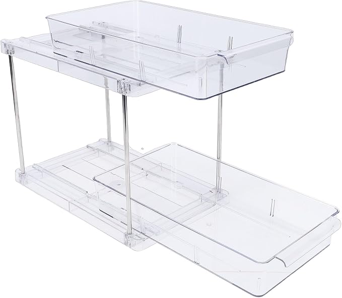 FILFEEL 2 Tier Vertical Pull Out Cabinet – Clear PET Slide Out Seasoning Rack for Kitchen Cabinets, Bathroom Vanity & Under Counter Storage – No Drill Installation, Full Extension Tracks