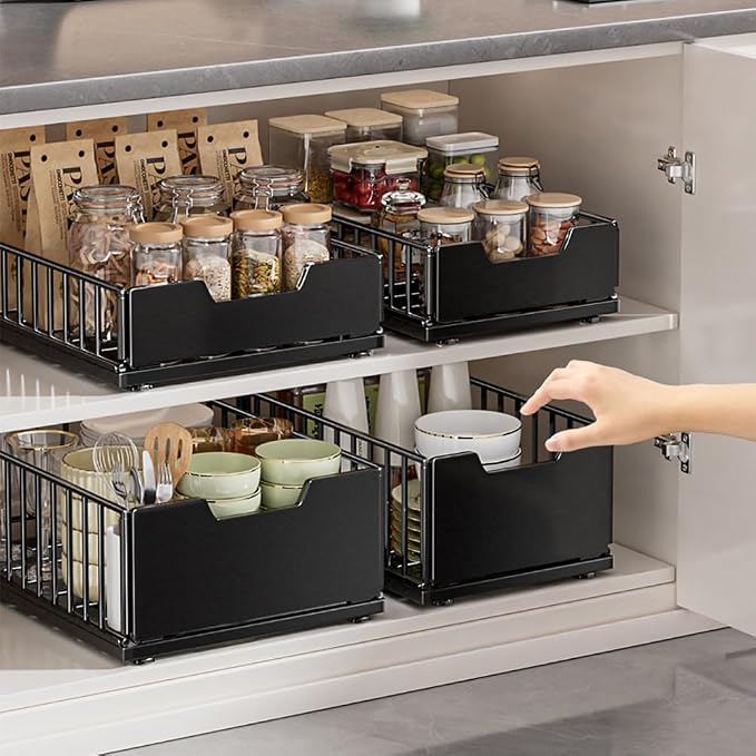 GarveeHome Pull Out Cabinet Organizer, No Drill Slide Out Drawers for Kitchen Cabinets, Metal Pantry Pull Out Shelves, Kitchen Cabinet Organizer, Pull Out Home Organizers