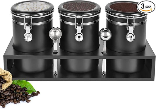 Yangbaga 3x63OZ Sugar Coffee Canisters with Shelf, 304 Stainless Steel Coffee Station Container for Ground Coffee Bean Storage with Airtight Locking Clamp&Scoop, Cereal Containers Storage for Kitchen