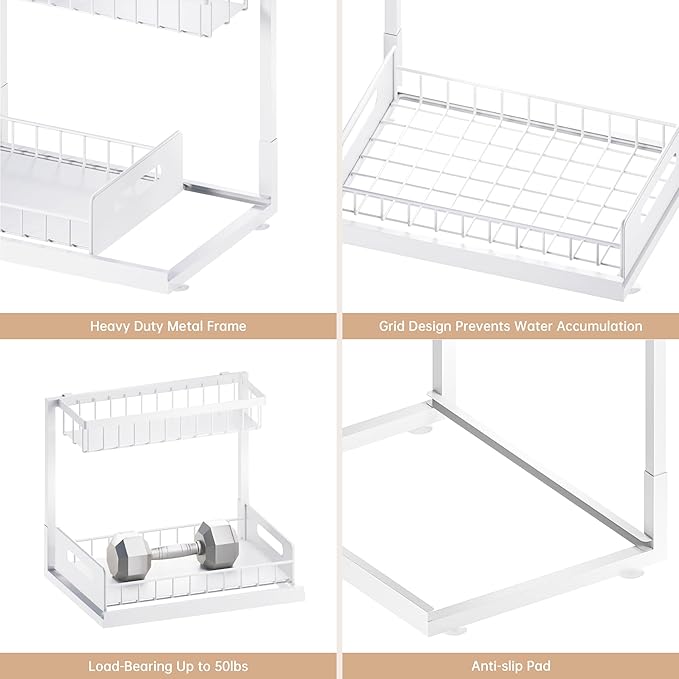 Under Sink Organizer and Storage, Slide Out Cabinet Organizer, Pull Out Sink Shelf for Kitchen Bathroom Laundry, White, 1 Pack