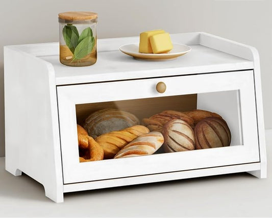 Goozii White Bread Box for Kitchen Countertop, Modern Counter Breadbox for Homemade Bread, Large Corner Bread Storage Container for Sourdough Loaf Organizers and Storage (White Bamboo Wood)
