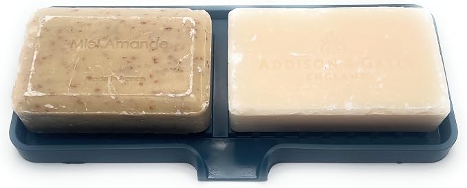 Silicone Soap Dish Tray and Sponge Holder with Drain Chute, Rectangular, Kitchen and Bathroom Sink Organizer (Smoky Blue, 9"x3.5")