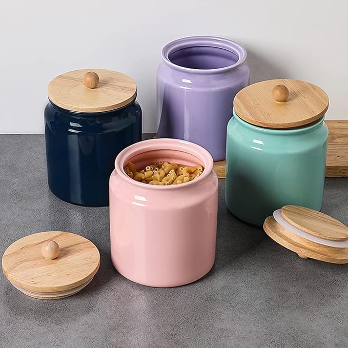 Sweejar Ceramic Kitchen Canisters, 28 FLOZ Porcelain Food Storage Jar with Airtight Seal Wooden Lid, Home Container Serving for Coffee Beans, Tea-leave, Sugar, Salt and More, Tool Bucket (Pink)