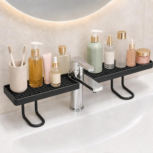 Behind the Faucet Organizer, No-Drill Over the Sink Shelf Bathroom, Multifunctional Steel Storage Rack, Space Saving Sink Organizer Shelf for Kitchen Bathroom Faucet Back Storage Arrangement
