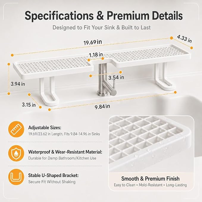 Behind the Faucet Organizer, No-Drill Over the Sink Shelf Bathroom, Multifunctional Steel Storage Rack, Space Saving Sink Organizer Shelf for Kitchen Bathroom Faucet Back Storage Arrangement