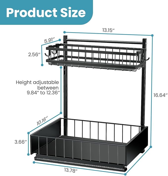 sagetta Black Under Sink Organizers with Sliding Rails Under Kitchen Sink Organizers and Storage Pull out Kitchen Cabinet Organizer Height Adjustable Cabinet Storage Shelves Two Tiers