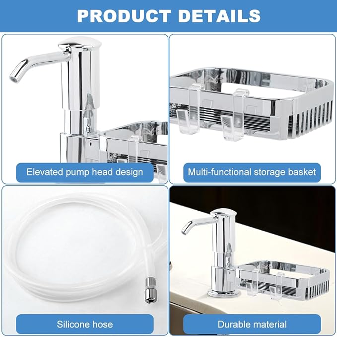 Soap Dispenser Pump for Kitchen Sink with Sponge Rack,Under Counter Sink Soap Dispenser Pump with 39" Extension Tube Kit,Fit for Kitchen Bathroom in Counter(Silver)