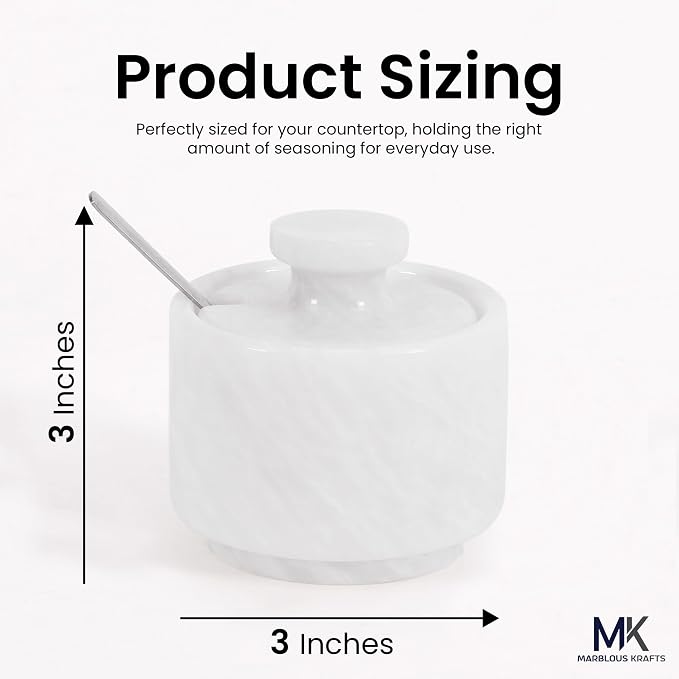 MARBLOUS KRAFTS Marble Salt Cellar with Lid & Spoon 3" White Small Flaky Salt Container, Seasoning Jar, Spice Storage Countertop, Ideal For Salt Box, Sugar Jar Kitchen Décor, Gift for Mom