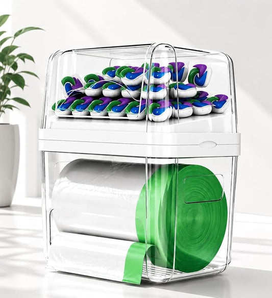 Trash Bag Dispenser & Dishwasher Pods Organizer, Clear Acrylic Garbage Bag Holder Under Sink Organizer With Removable Lid, Laundry Pods Container for Kitchen Pantry Laundry Room