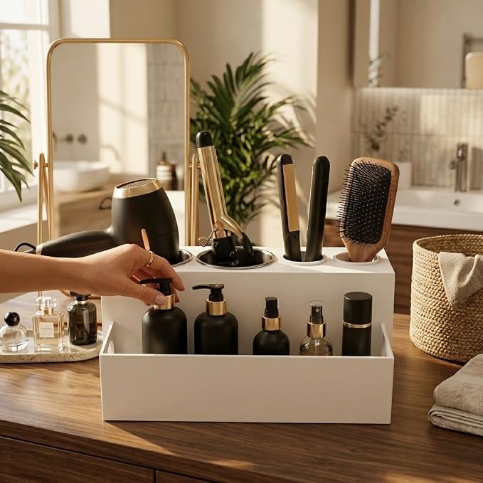 SOL ECO Hair Tool Organizer for Bathroom Countertop - Heat-Safe Stainless Steel Cups - Professional Acrylic Styling Station for Blow Dryers, Flat Irons, Curling Wands and Brushes (Acrylic)