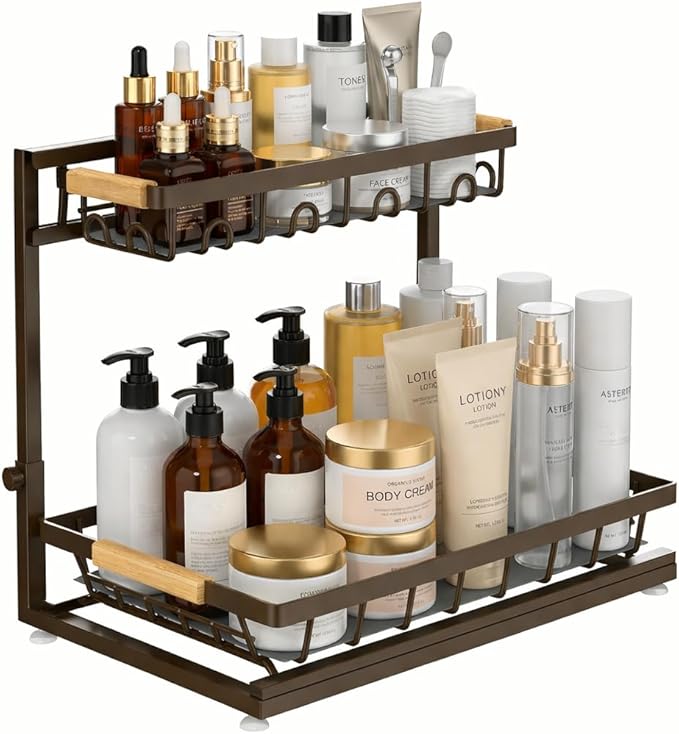 2-Tier Multi-Purpose Bathroom Under Sink Organizers and Storage, Black Adjustable Rack with Wooden Handles for Stackable Kitchen Pantry Organization