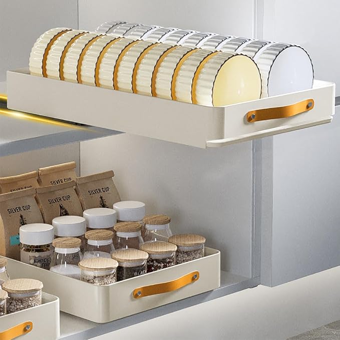 Pull Out Cabinet Organizer, Heavy Duty Slide Out Drawer, No Drill Pull Out Drawers, Sliding Pull-Out Pantry Shelves for For Cabinets, Roll out Shelf Storage for Kitchen Bathroom White（24cmW-48cmD）