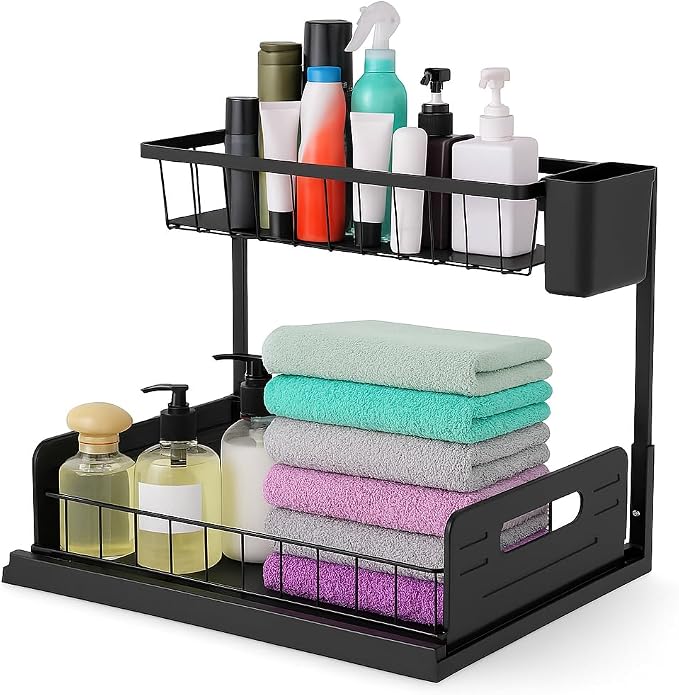 2 Pack Under Sink Organizer, Heavy Duty 2 Tier Slide-Out Storage, Space Saving Cabinet Organizer for Bathroom & Kitchen, Metal Shelf with Brush Holder, Black