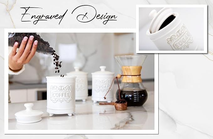 25DOL 35 Ounce Elegant Ceramic Kitchen Canisters Set of 3 - Beautifully Engraved Coffee Tea Sugar Storage Containers Airtight with Feet for Added Style and Stability - Ceramic Jar with Airtight Lid