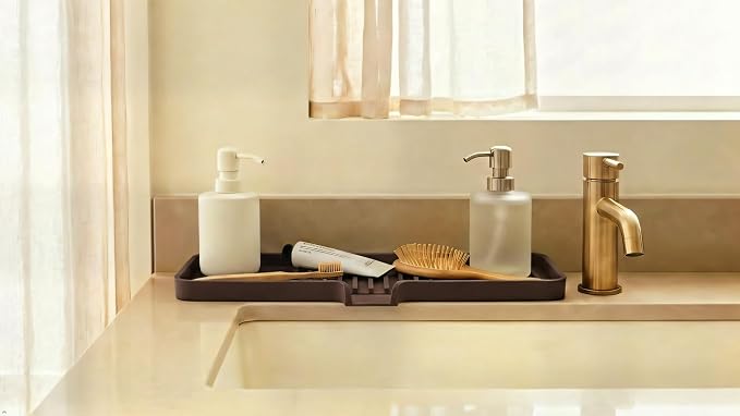 Silicone Soap Dish Tray and Sponge Holder with Drain Chute, Rectangular, Kitchen and Bathroom Sink Organizer (Dark Chocolate, 12"x4")