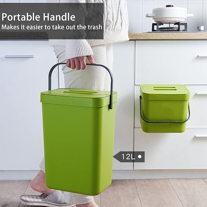 stonespace Small Trash Can with Lid，Mountable Indoor Compost Bucket, Hanging Trash Can with Lid for Cupboard/Bathroom/Bedroom/Office/Camping, 3.2 Gallon/12L Green