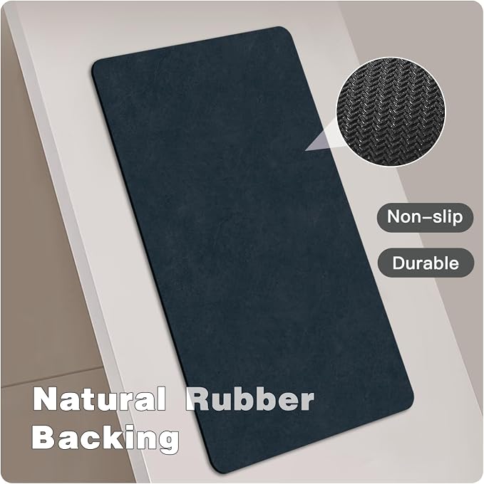 TYUU Bathroom Mat Quick Dry, Bathroom Rugs Non Slip Washable Thin Absorbent Bath Mat Fits Under Door Bathroom Floor Mat Perfect for Bath, Shower, or Sink 16"x24" Navy Blue