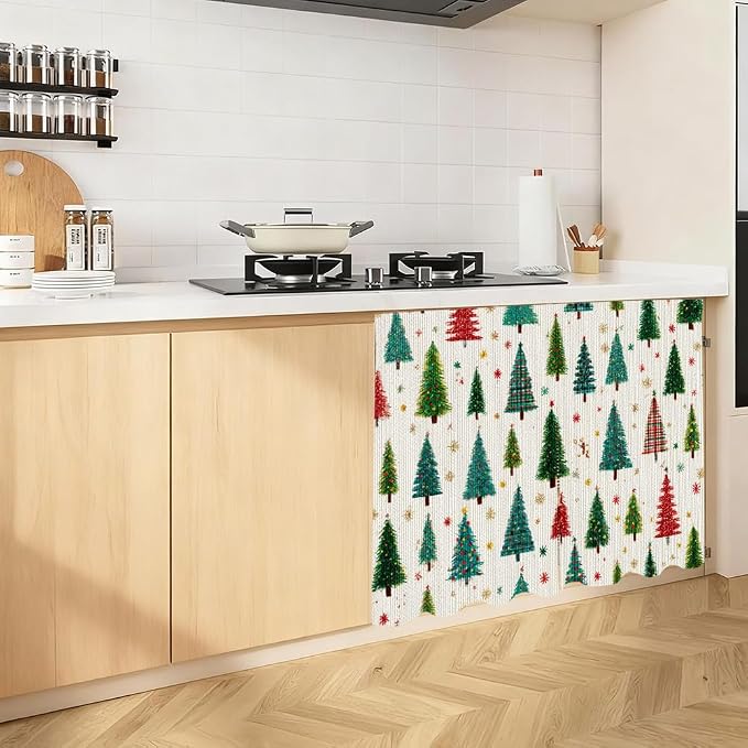 Self Adhesive Evergreen Pine Tree Cabinet Curtain for Mother's Day, 39x28 Inch Forest Under Sink Skirt No Drill, Spring Cleaning Kitchen Decor, Hook and Loop Laundry Valance, Fabric Panel