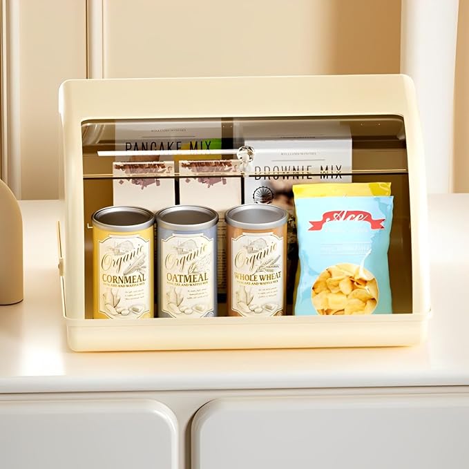 Gagee Bread Box for Kitchen Countertop,Acrylic Bread Storage Container for Homemade Bread,Cookies, Bagels, Muffins, Bread Holder with Roll Top Lid,Beige
